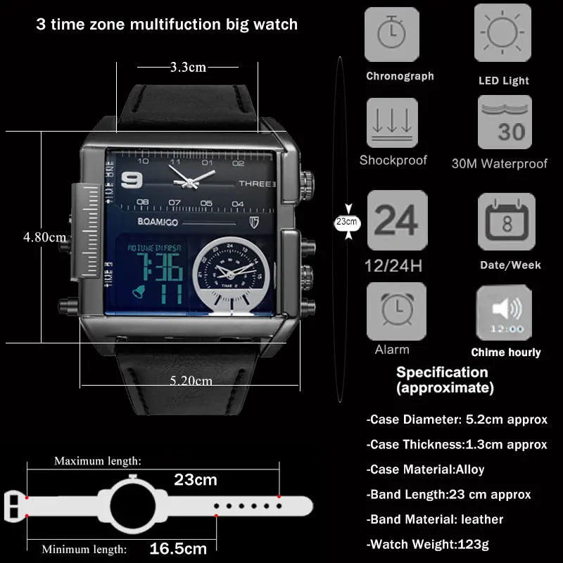 3 Time Zone Classy Watch with Leather Strap